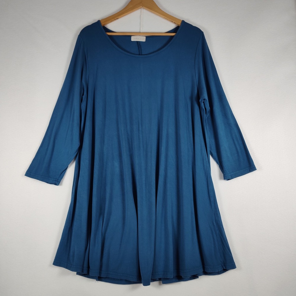 LARACE Women 3X Blue Swing Tunic Top 3/4 Sleeve Scoop Neck Rayon Spandex